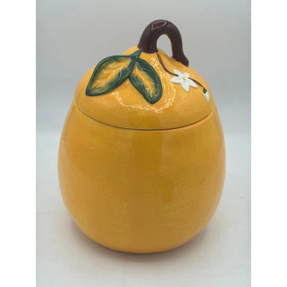Maxcera Ceramic Lemon Cookie Jar Canister 3D Leaf Flower Top Figural 9"